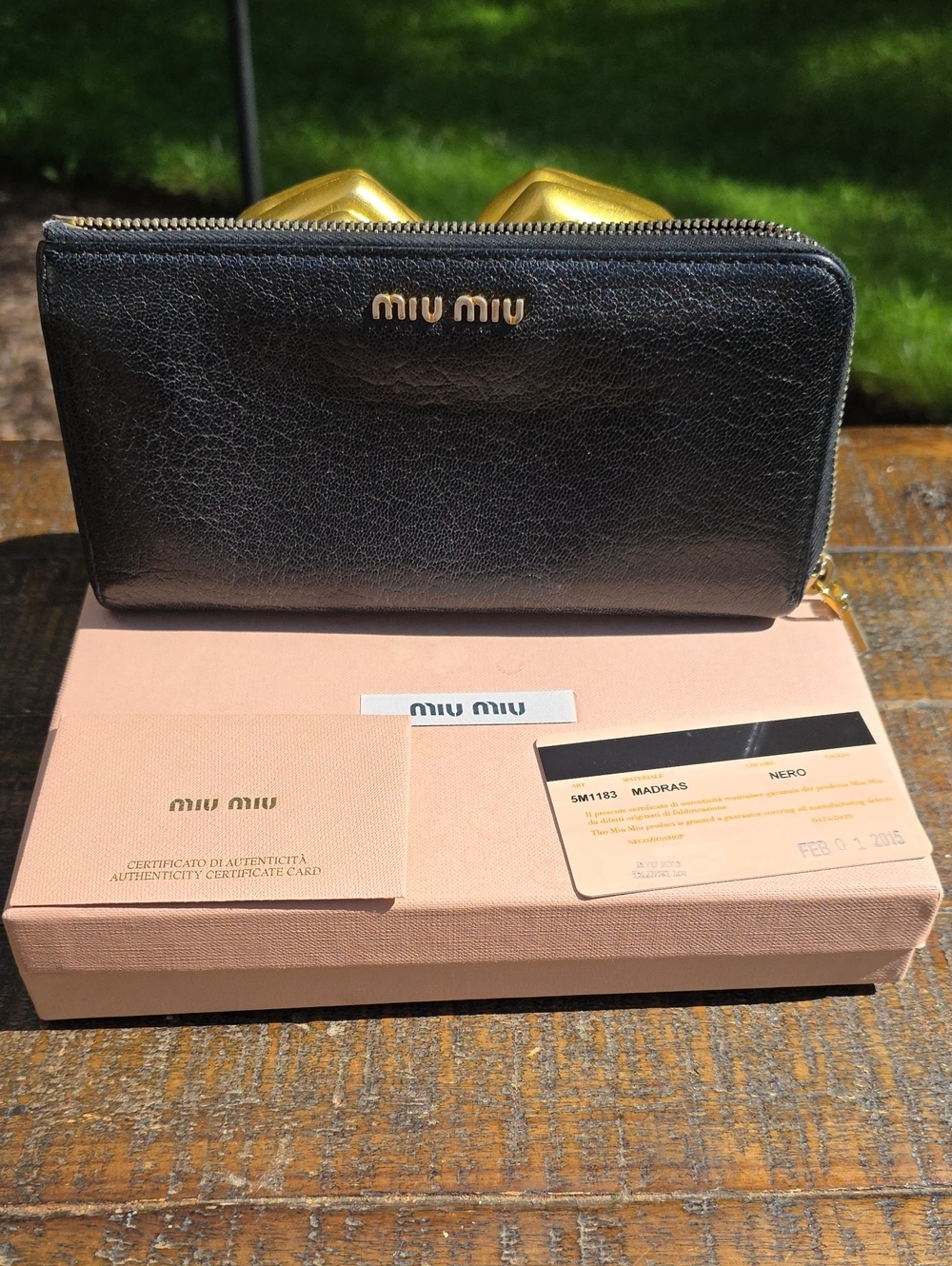 Miu Miu Black Leather Corner Zip Wallet in Box with COA